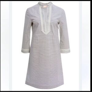 Tory Burch Striped/Embroidered Tunic Dress Navy and White Stripes. Size 6